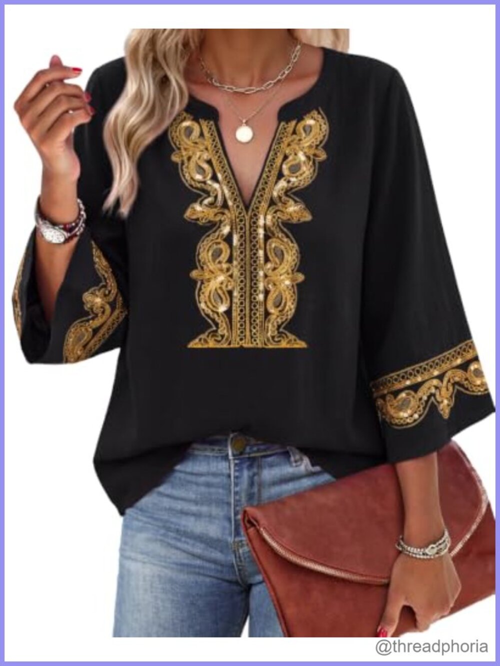 Embroidered Lace V Neck 3/4 Bell Sleeve Tunic Top Boho Blouse